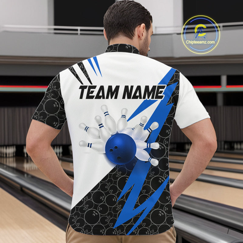 Black and White Bowling Polo, Quarter Zip Shirt for Men Custom Lightning Team bowling jerseys | Blue NQS9837