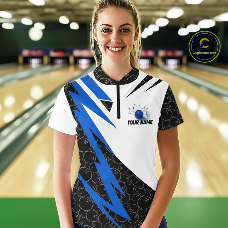 Black and White Bowling Polo, Quarter Zip Shirt for Women Custom Lightning Team bowling jerseys | Blue NQS9837