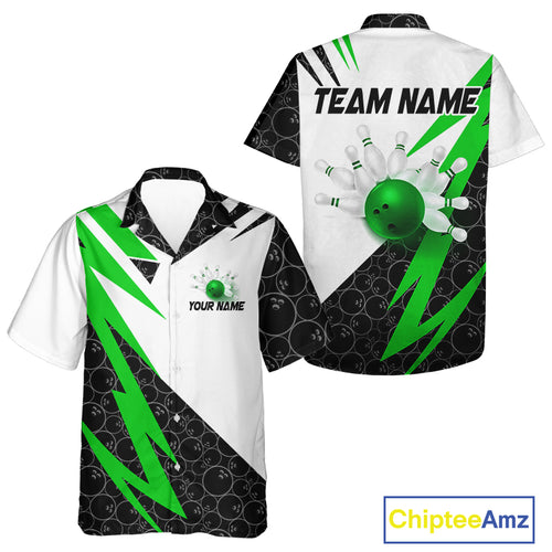 Black and White Hawaiian bowling shirt Custom Lightning Team bowling button up shirt | Green NQS9838