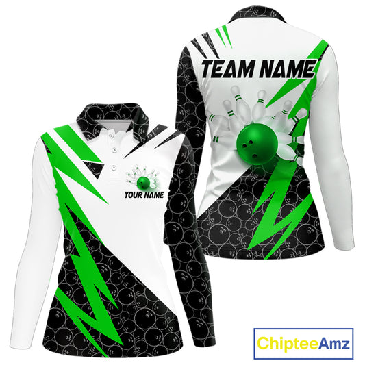 Black and White Bowling Polo, Quarter Zip Shirt for Women Custom Lightning Team bowling jersey | Green NQS9838