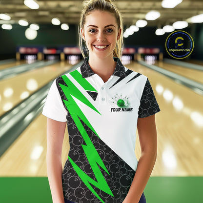 Black and White Bowling Polo, Quarter Zip Shirt for Women Custom Lightning Team bowling jersey | Green NQS9838