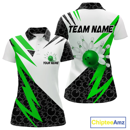 Black and White Bowling Polo, Quarter Zip Shirt for Women Custom Lightning Team bowling jersey | Green NQS9838