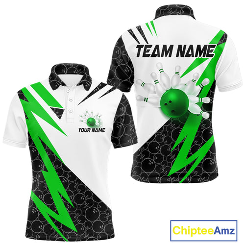 Black and White Bowling Polo, Quarter Zip Shirt for Men Custom Lightning Team bowling jerseys | Green NQS9838