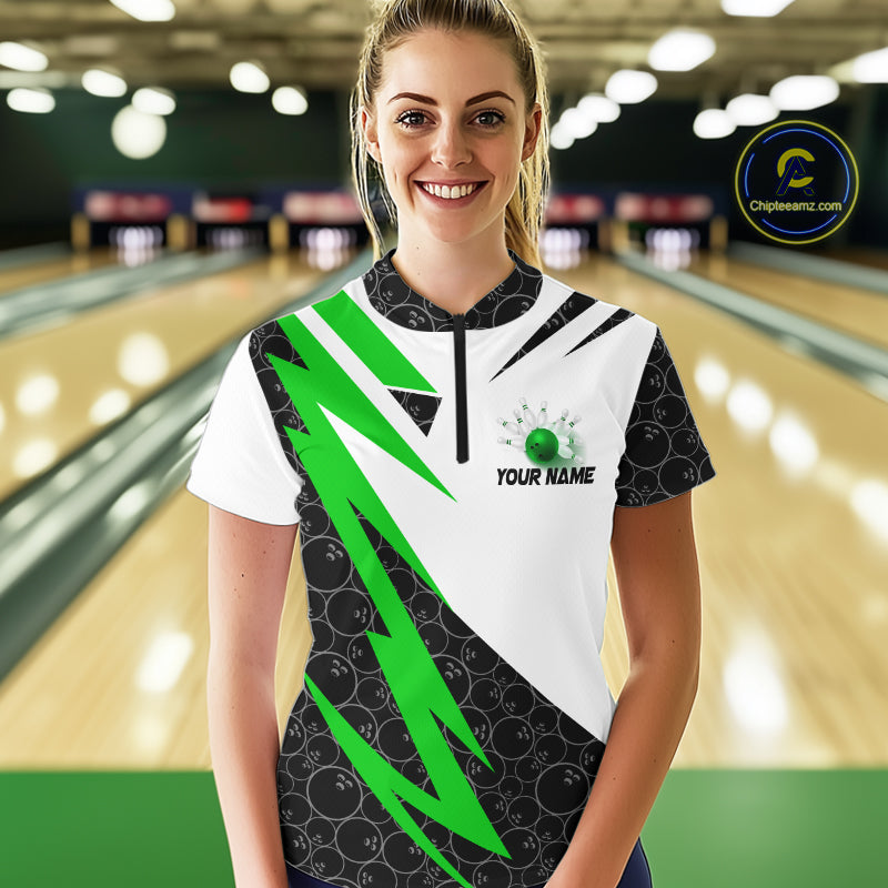 Black and White Bowling Polo, Quarter Zip Shirt for Women Custom Lightning Team bowling jersey | Green NQS9838