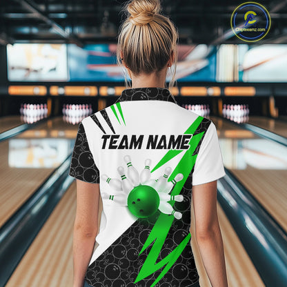 Black and White Bowling Polo, Quarter Zip Shirt for Women Custom Lightning Team bowling jersey | Green NQS9838