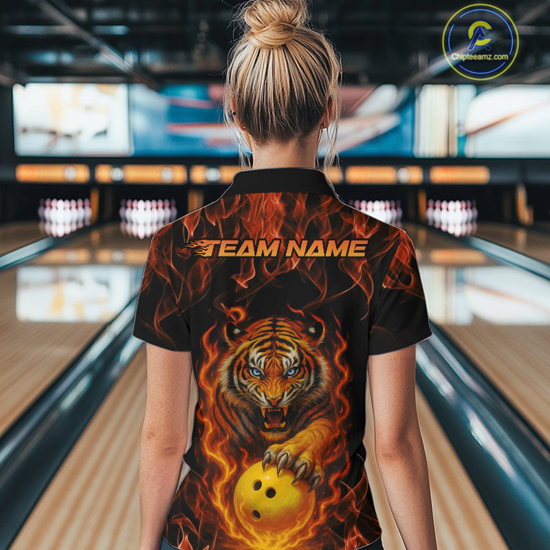 Custom Fire Flame Tiger Bowling Team Women Quarter-Zip Shirt, Tournament Bowling Outfit IPHW9037