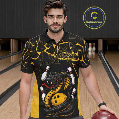 Custom Black And Yellow Cobra Snake Bowling Jerseys, Bowling Team Men Polo Shirts IPHW9038