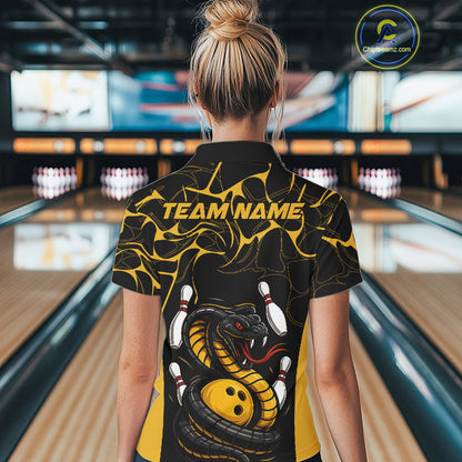 Custom Black And Yellow Cobra Snake Bowling Jerseys, Bowling Team Women Polo Shirts IPHW9038