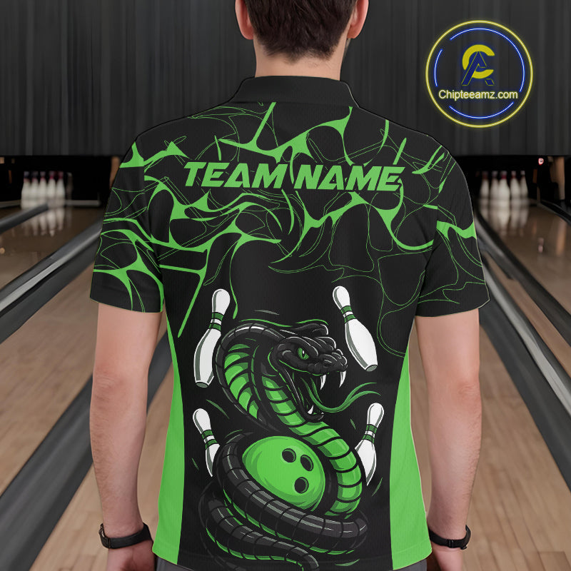 Custom Black And Green Cobra Snake Bowling Jerseys, Bowling Team Men Polo Shirts IPHW9039