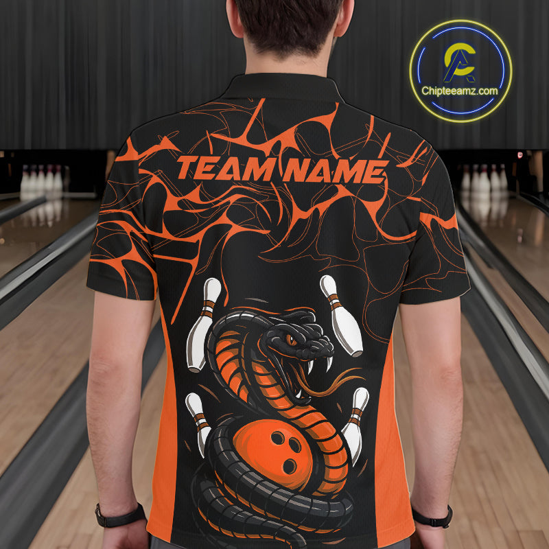 Custom Black And Orange Cobra Snake Bowling Jerseys, Bowling Team Men Polo Shirts IPHW9040