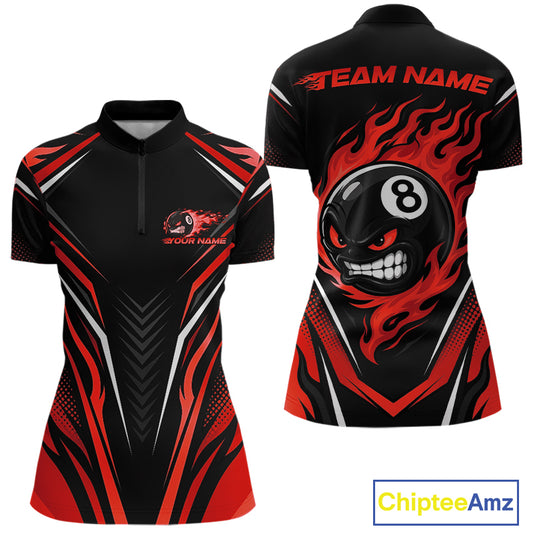 Custom Black And Red Flame Angry 8 Ball Billiards Jerseys Quarter-Zip Shirt For Women IPHW11782