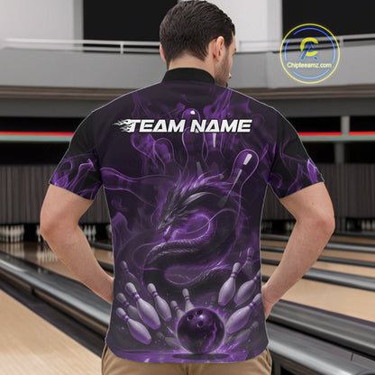 Custom Purple Flame Dragon Bowling Men Quarter-Zip Shirts, Dragon Bowling League Shirt IPHW10227