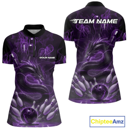 Custom Purple Flame Dragon Bowling Women Quarter-Zip Shirts, Dragon Bowling League Shirt IPHW10227