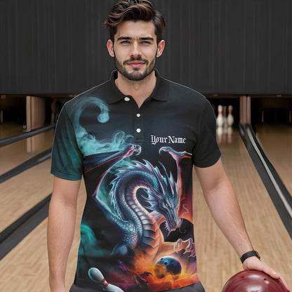 Blue Smoke Custom Dragon Bowling Team Polo Shirts For Men, Dragon Bowling Tournament Shirt IPHW8322