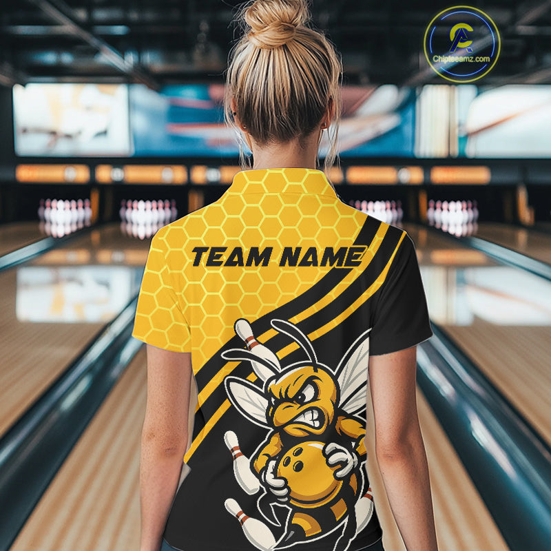 Custom Black And Yellow Bee Bowling Women Polo Shirts, Honeycomb Bowling Team Shirt IPHW9044