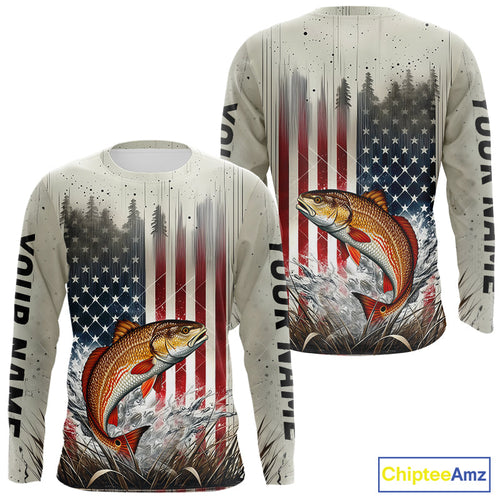 Custom Patriotic US Flag  Redfish Puppy Drum Long Sleeve Fishing Shirts, Redfish Fishing Jerseys IPHW9294