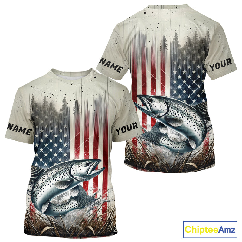Custom Patriotic US Flag  Speckled Trout Fishing T-Shirts, Trout Fishing Jerseys IPHW9295