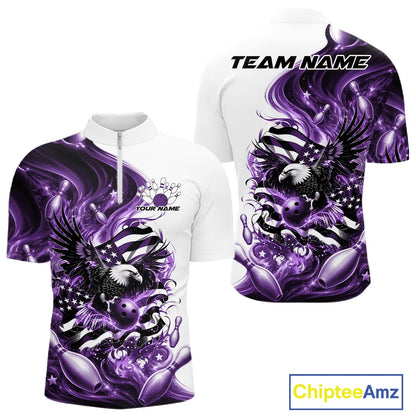 Front and back white and purple men’s bowling quarter zip shirt mockup featuring eagle graphics, bowling elements, and flowing American flag inspired artwork.