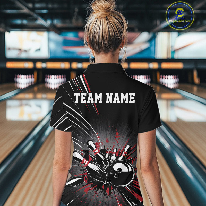 Custom Black And Red Grunge Bowling Team Jerseys, Women Bowling Quarter-Zip Shirts IPHW9620