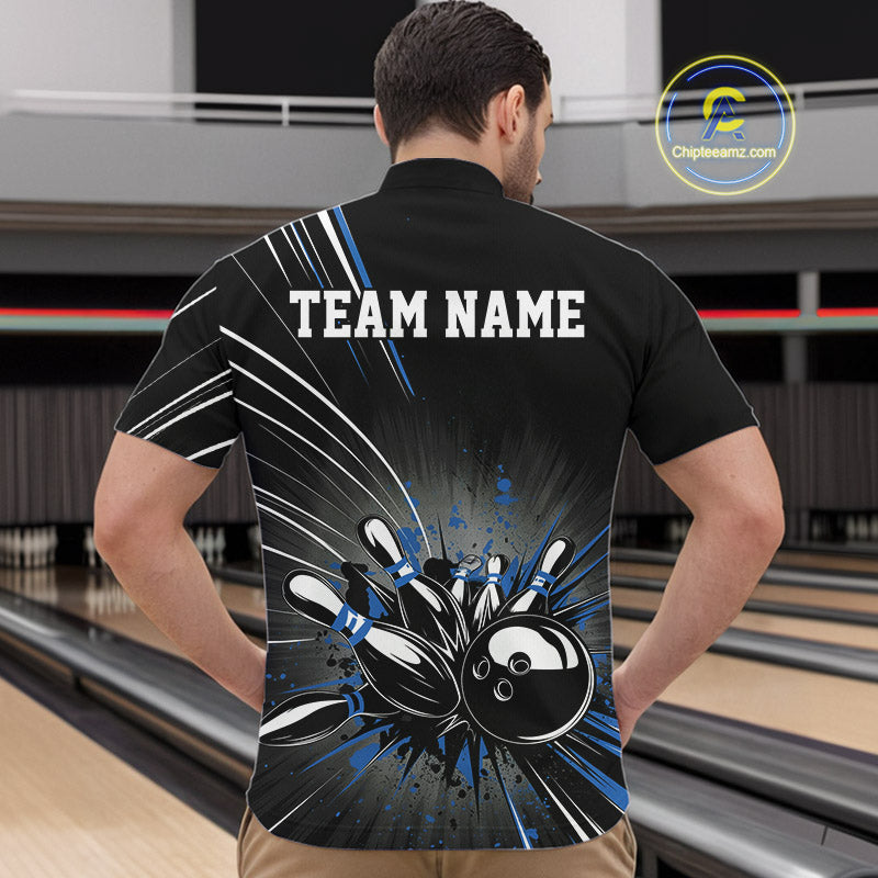 Custom Black And Blue Grunge Bowling Team Jerseys, Men Bowling Quarter-Zip Shirts IPHW9621