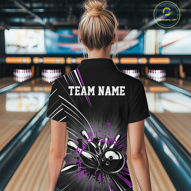 Custom Black And Purple Grunge Bowling Team Jerseys, Women Bowling Quarter-Zip Shirts IPHW9622