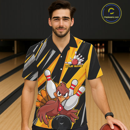 Custom Funny Turkey Bowling Shirts For Men, Yellow Thanksgiving Bowling Shirt Team Fall Outfits IPHW7661