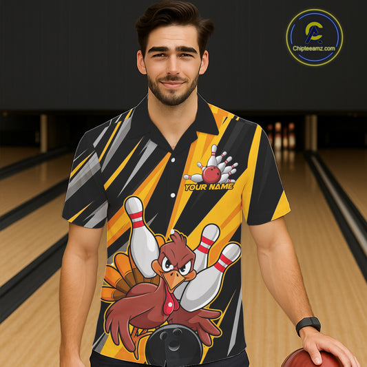 Custom Funny Turkey Men And Women Team Bowling Shirts, Yellow Thanksgiving Bowling Fall Outfits IPHW7661