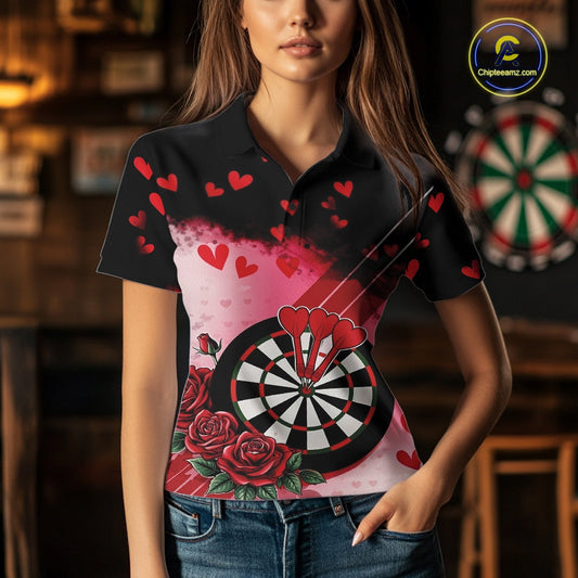 Custom Black And Red Heart Theme Valentine Dart Women Polo Shirt, Couple Dart Shirt IPHW10406