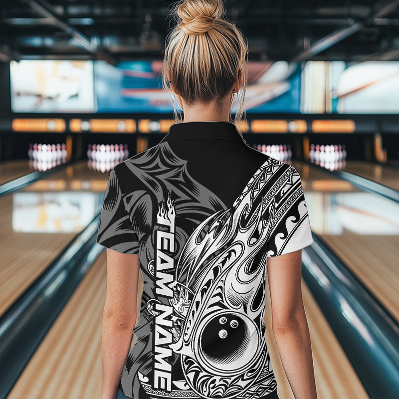 Custom Black And White Flame Tribal Polynesian Bowling Women Quarter-Zip Shirt Team Uniform IPHW8809