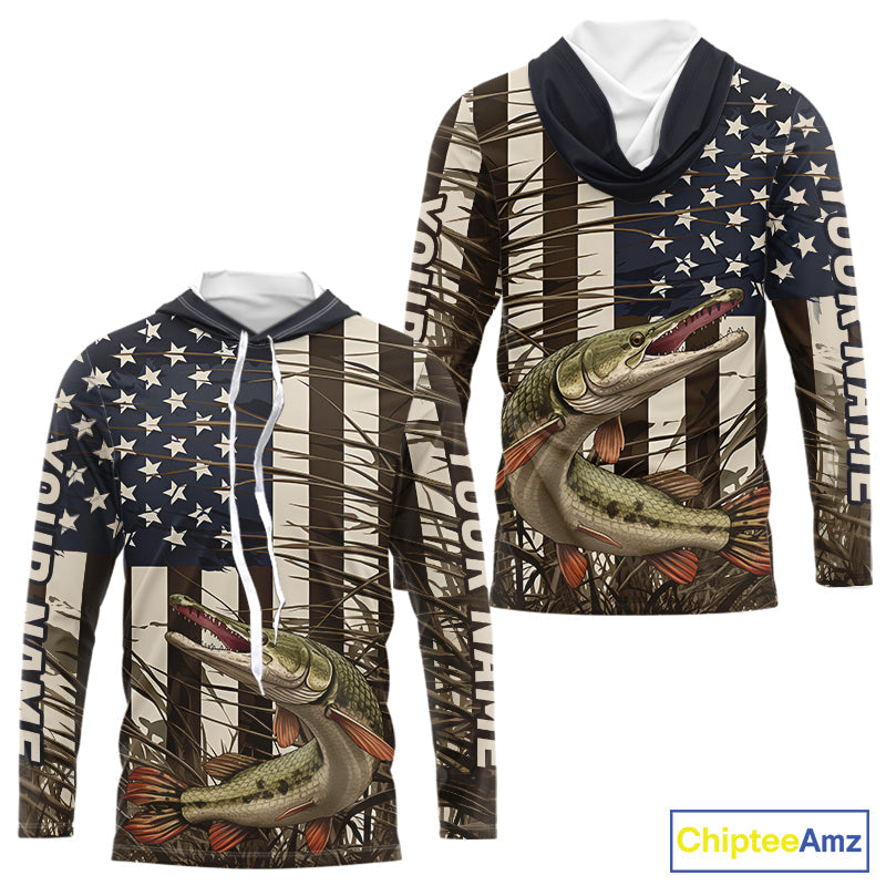 Custom Patriotic Vintage US Flag Alligator Gar Long Sleeve Hooded Tournament Fishing Shirts IPHW9297