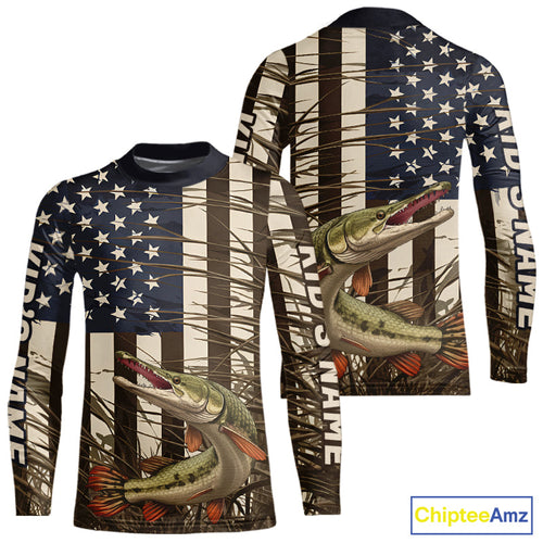 Custom Patriotic Vintage US Flag Alligator Gar Kid Long Sleeve Tournament Fishing Shirts IPHW9297
