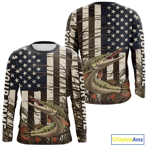 Custom Patriotic Vintage US Flag Alligator Gar Long Sleeve Tournament Fishing Shirts IPHW9297