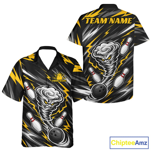 Custom Black And Yellow Storm Thunnder Lightning Bolts Bowling Team Men And Women Button Up Shirt IPHW11805