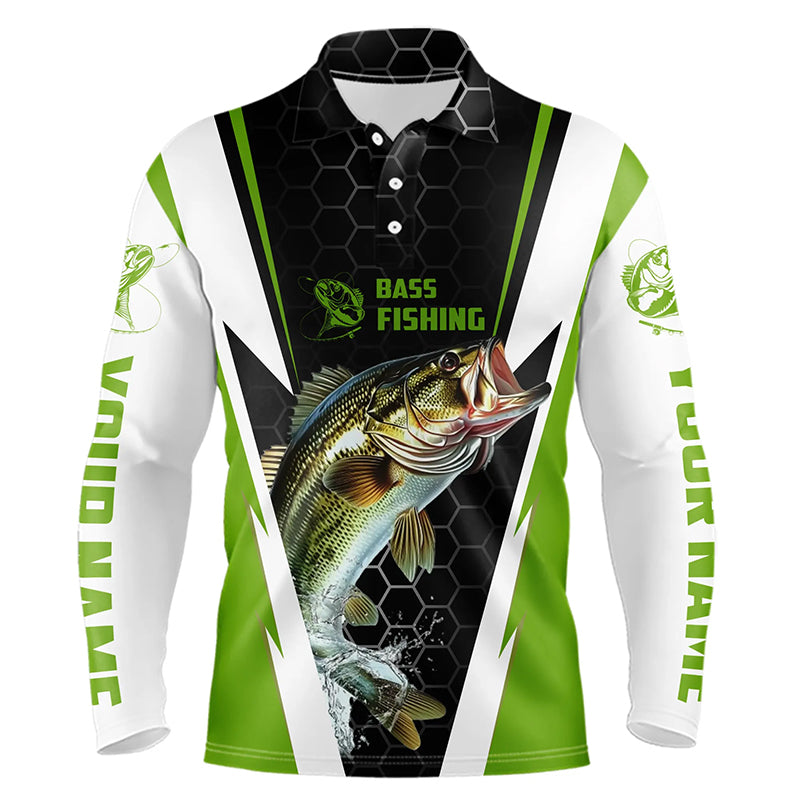 Personalized Bass Fishing Jerseys, Bass Fishing Long Sleeve Polo Fishing Tournament Shirts | Green IPHW5727