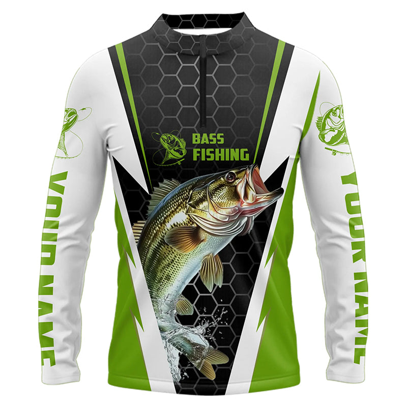 Custom Bass Fishing Jerseys, Bass Fishing Long Sleeve Quarter-Zip Fishing Tournament Shirts | Green IPHW5727