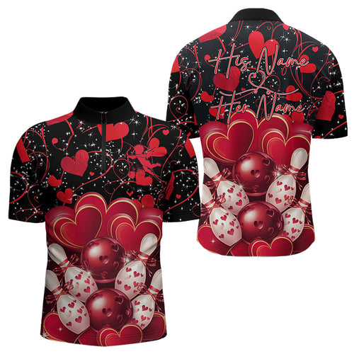 Black And Red Custom Valentines Day Bowling Quarter-Zip Shirts For Men, Bowling Couple Shirt IPHW8327