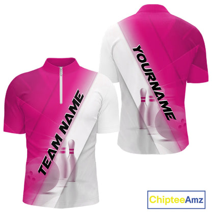 Front and back men’s bowling quarter zip shirt mockup featuring bowling ball and pins graphics within a pink and white diagonal layout.