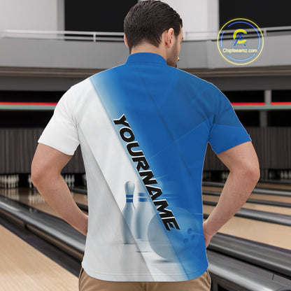 Front view male model at a bowling lane wearing a quarter zip shirt with bowling ball and pins incorporated into a blue and white diagonal layout.