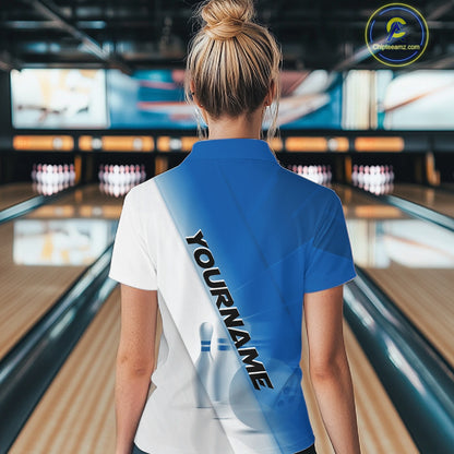 Back view of a female model at the bowling lane wearing a quarter zip shirt with bowling ball and pins across a blue and white diagonal layout.