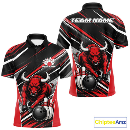 Custom Black And Red Bull Bowling Team Men Polo Shirt, Bull Bowling Jerseys IPHW11814
