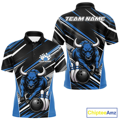 Custom Black And Blue Bull Bowling Team Men Polo Shirt, Bull Bowling Jerseys IPHW11815