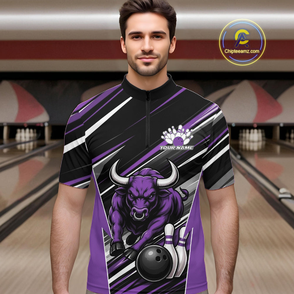 Custom Black And Purple Bull Bowling Team Men Quarter Zip Shirt, Bull Bowling Jerseys IPHW11816
