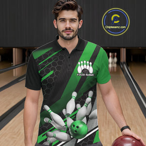 Custom Black And Green Bowling Team Jerseys, Striking Bowling League Polo Shirt For Men IPHW9808