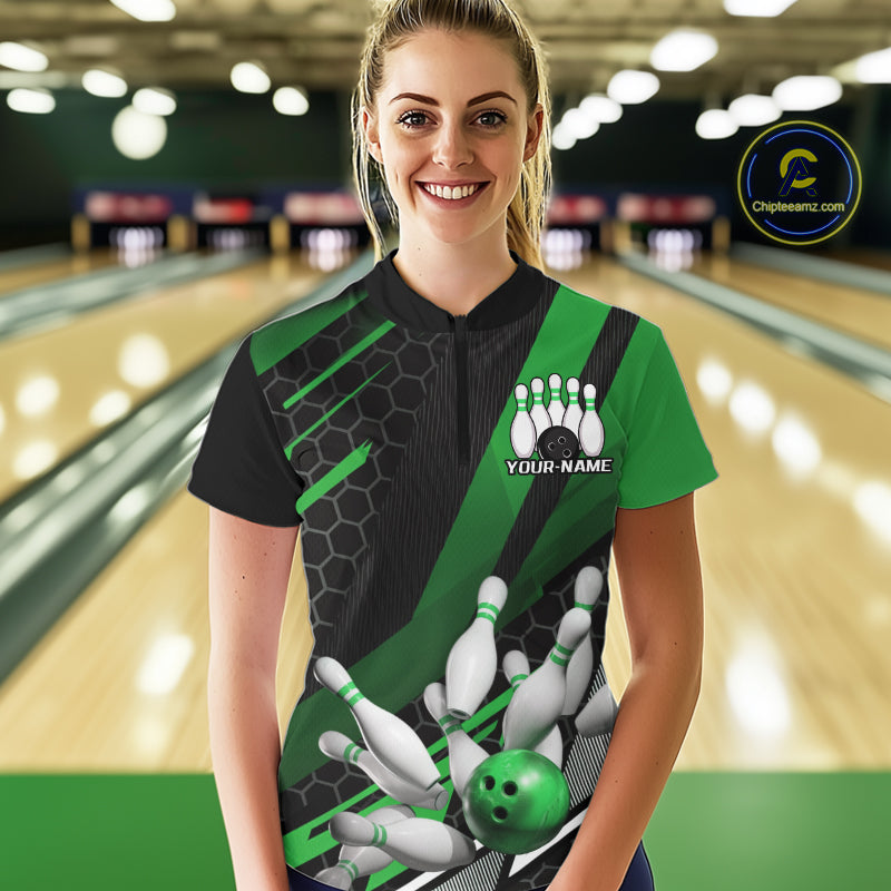 Custom Green Bowling Team Jerseys, Striking Bowling League Quarter-Zip Shirt For Women IPHW9808