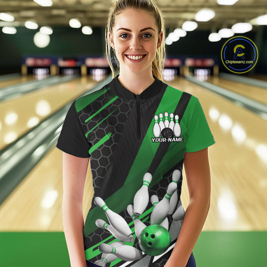 Custom Green Bowling Team Jerseys, Striking Bowling League Quarter-Zip Shirt For Women IPHW9808