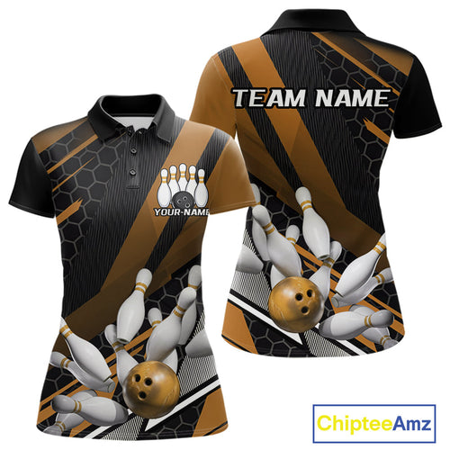 Custom Black And Yellow Bowling Team Jersey, Striking Bowling League Polo Shirt For Women IPHW9809