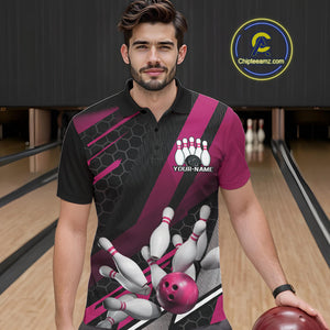 Custom Black And Pink Bowling Team Jerseys, Striking Bowling League Polo Shirt For Men IPHW9810