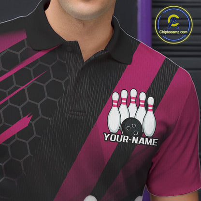 Custom Black And Pink Bowling Team Jerseys, Striking Bowling League Polo Shirt For Men IPHW9810