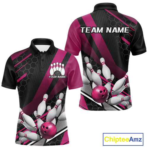 Custom Black And Pink Bowling Team Jerseys, Striking Bowling League Polo Shirt For Men IPHW9810