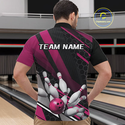 Custom Black And Pink Bowling Team Jerseys, Striking Bowling League Quarter-Zip Shirt For Men IPHW9810